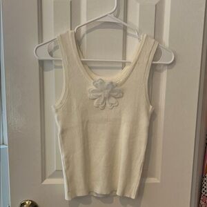 Cream Ribbed Tank Top with Decorative Floral Applique